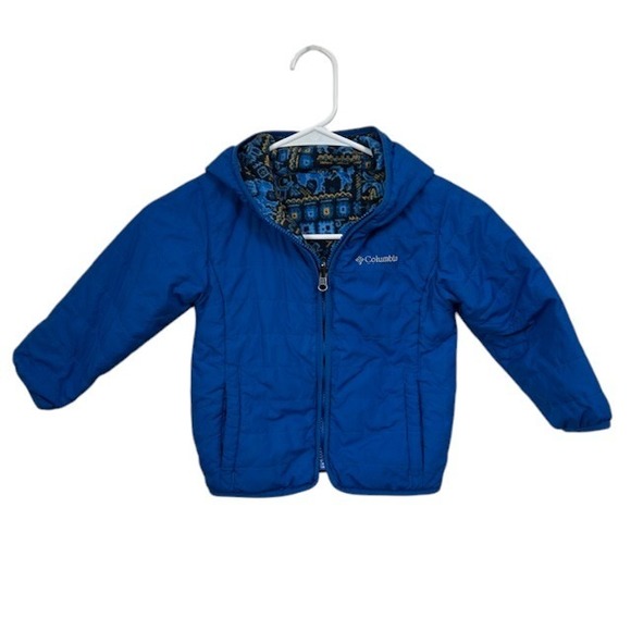 Columbia Kids Reversible Hooded Jacket Coat Blue Geometric Print Outerwear Sz 3T - Picture 1 of 16